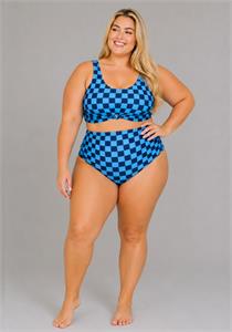 High Waisted Ruched Swim Bottom Blue Check